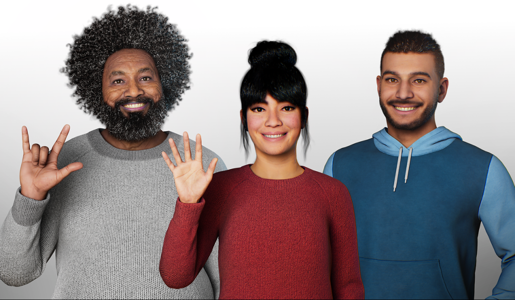 A trio of Humanitech Lab and Kara Technologies' signing avatars.
