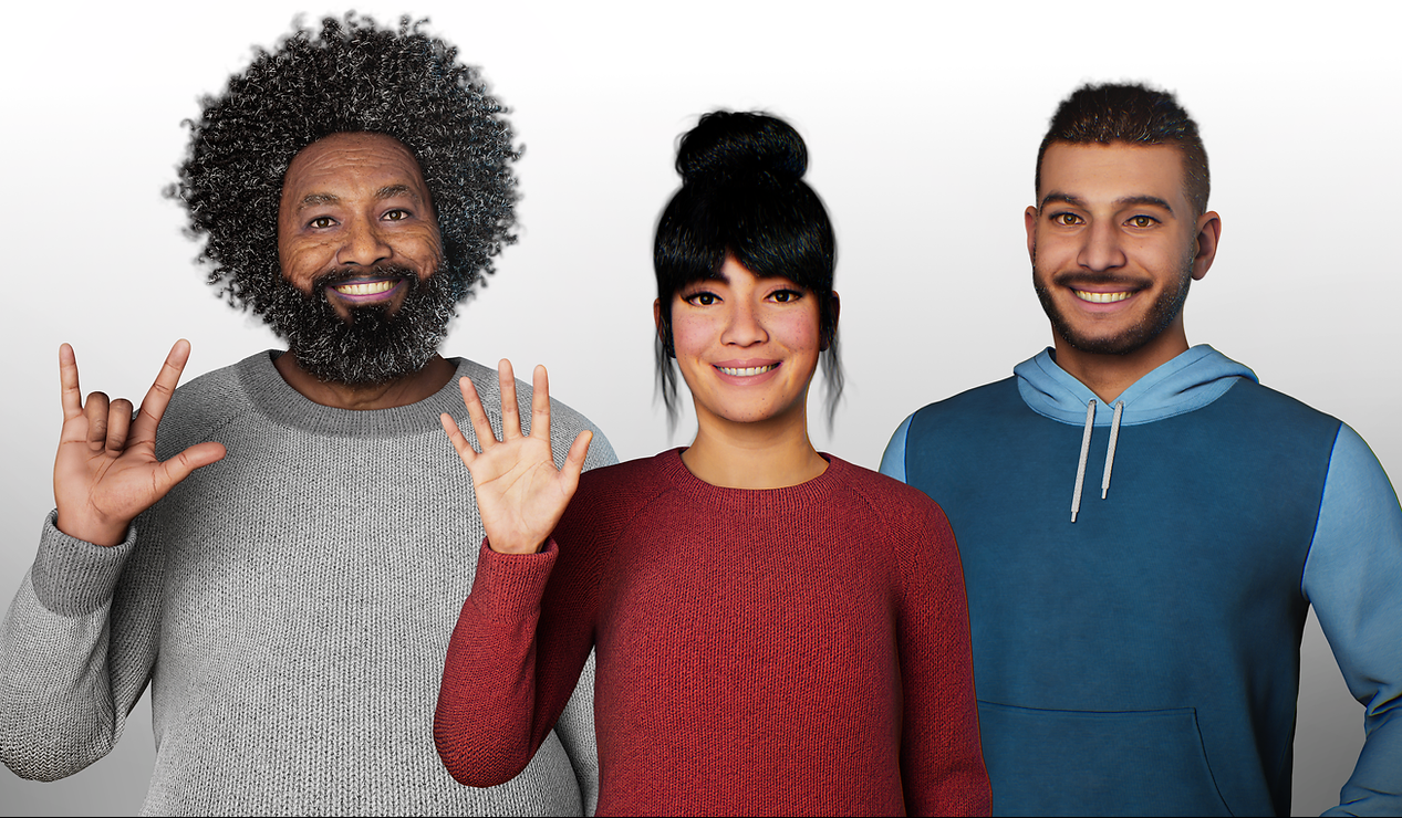 A trio of Humanitech Lab and Kara Technologies' signing avatars.
