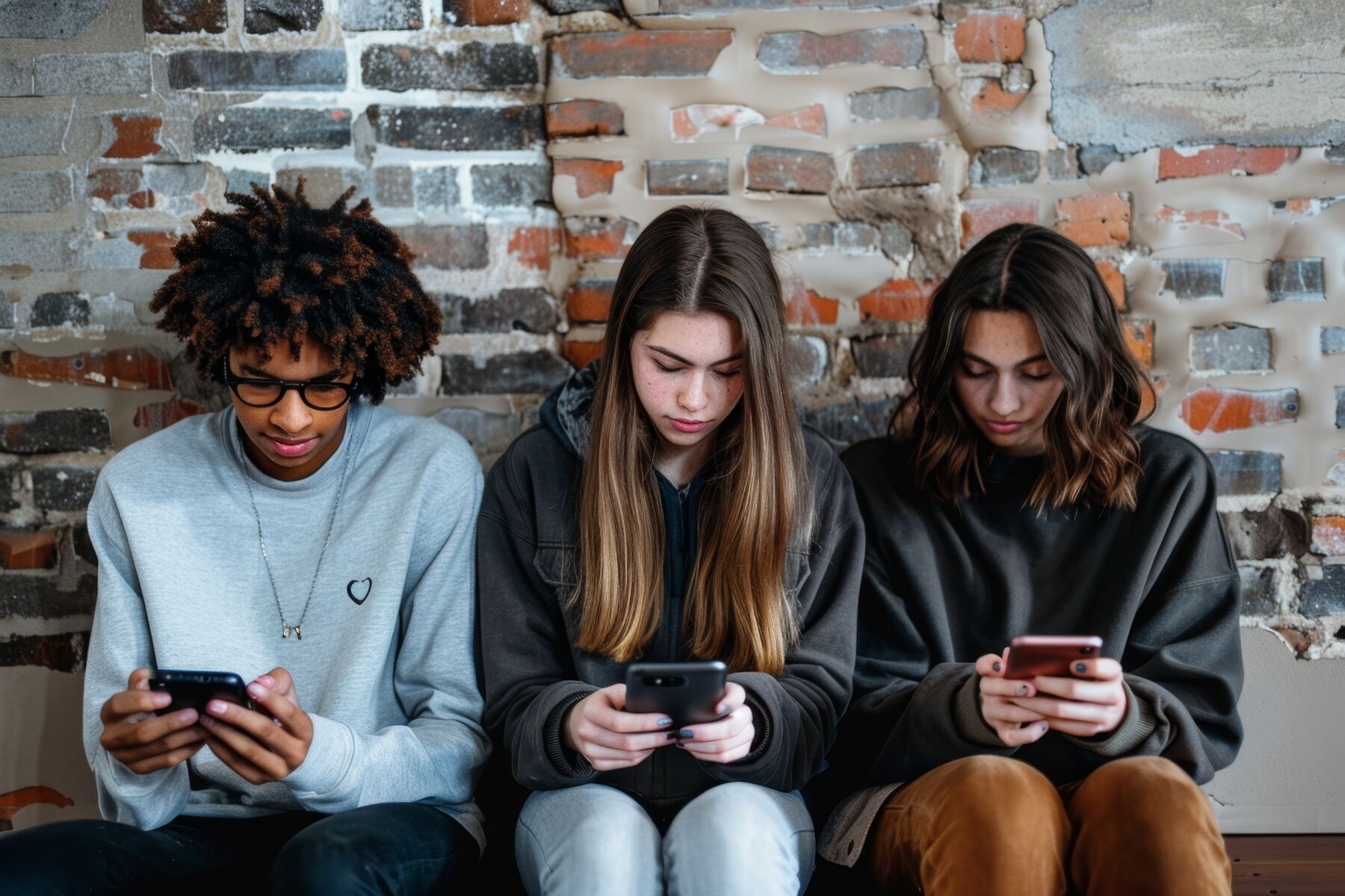 Three young people are using their smartphones while sitting against a brick wall