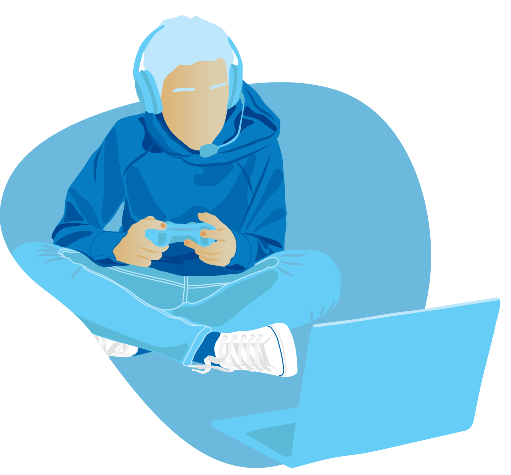 Illustration of young teenage boy gaming on laptop in light blue colour