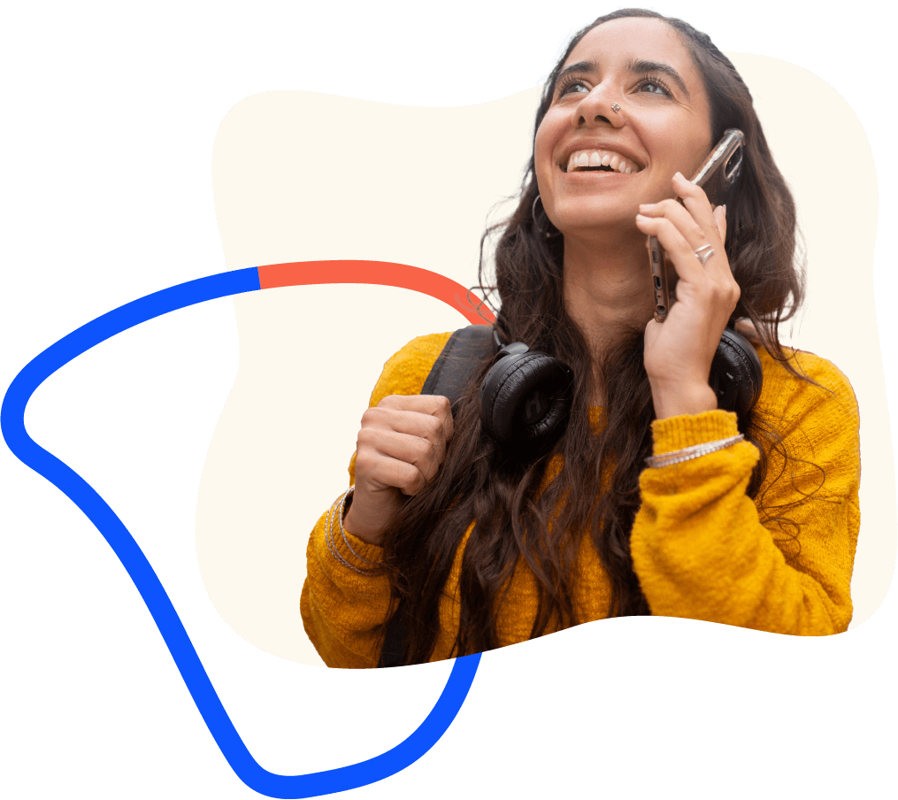 Photo of teenager girl on phone with Telstra Foundation wave shape