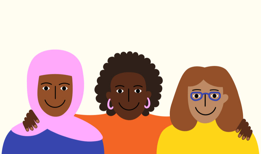 Illustration of three people from the Maya Cares site