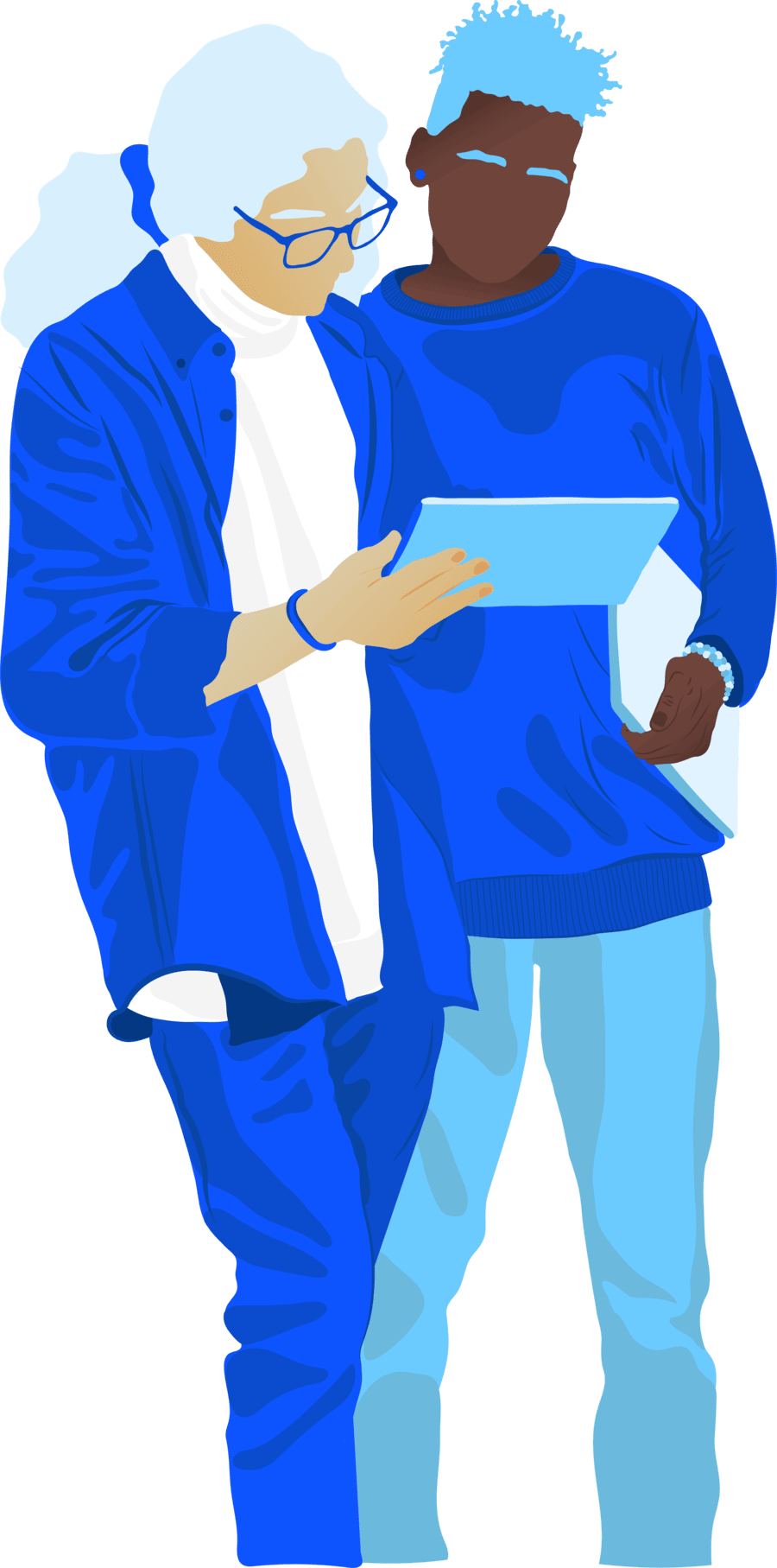 Illustration of two teenagers looking at tablet device in blue colour