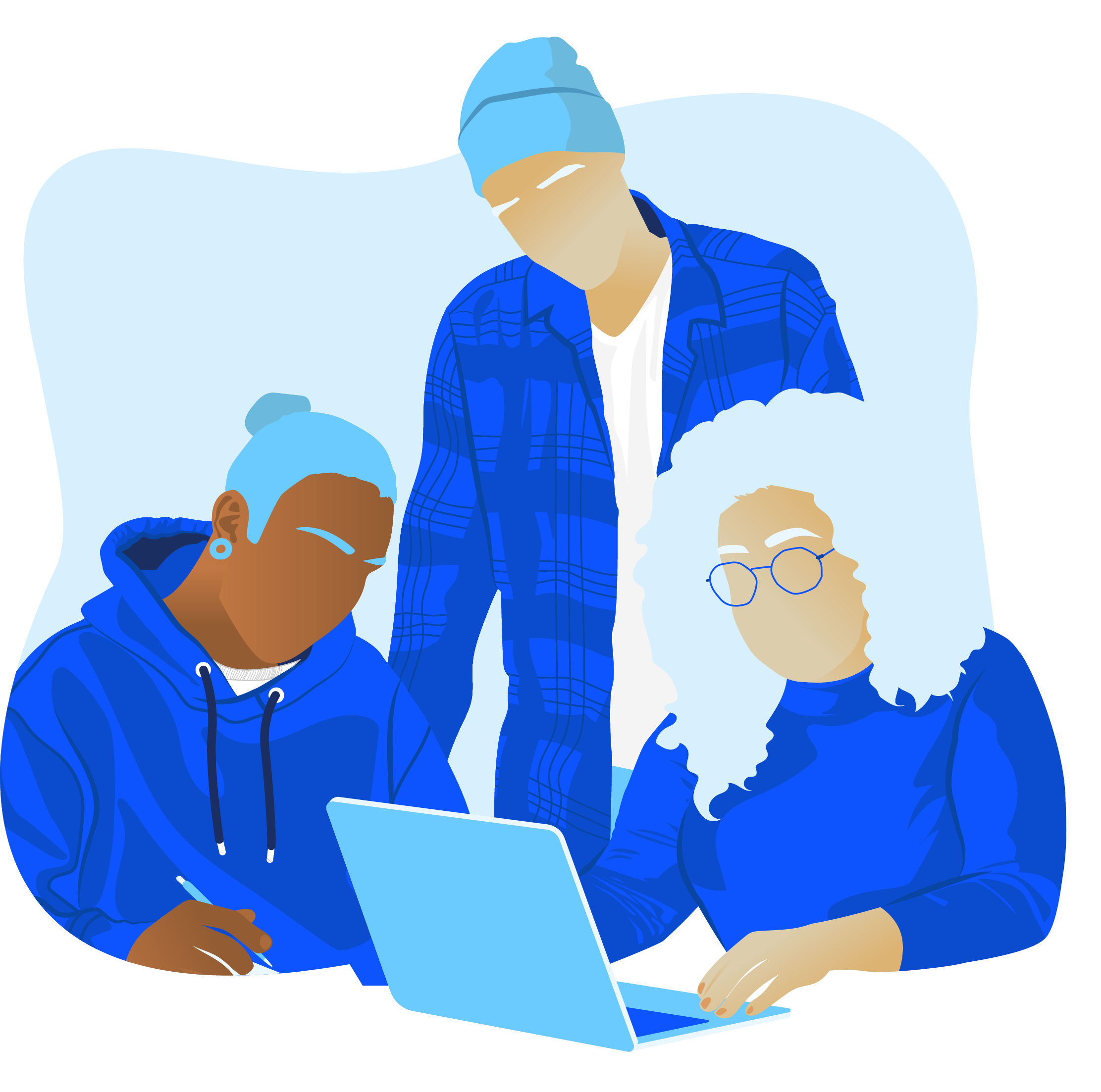 Illustration of three teenagers working together on a laptop in blue colour