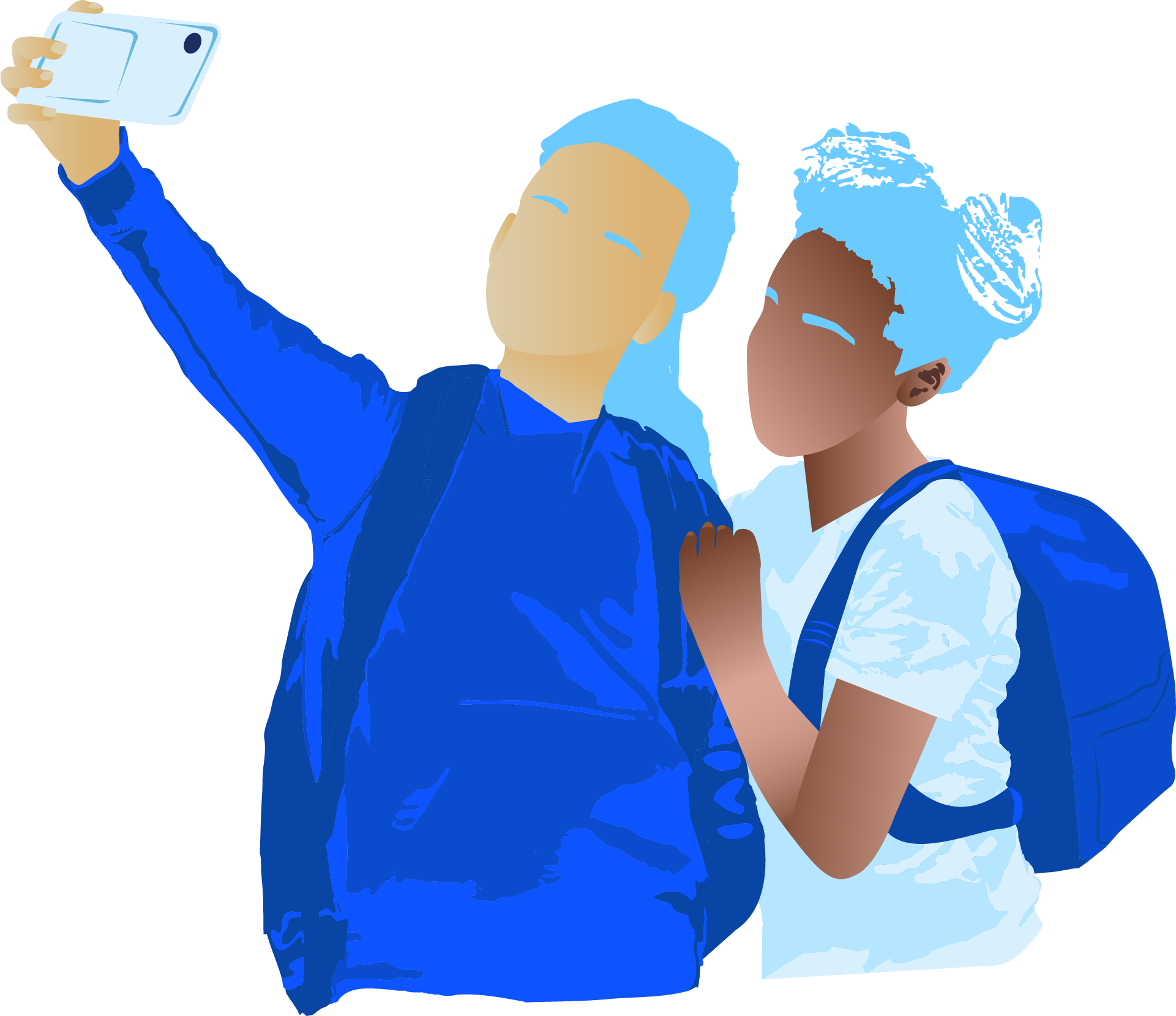 Illustration of two teenagers taking a selfie in blue colour