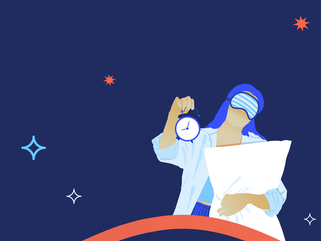 Illustration of a person holding an alarm clock and wearing a sleep mask