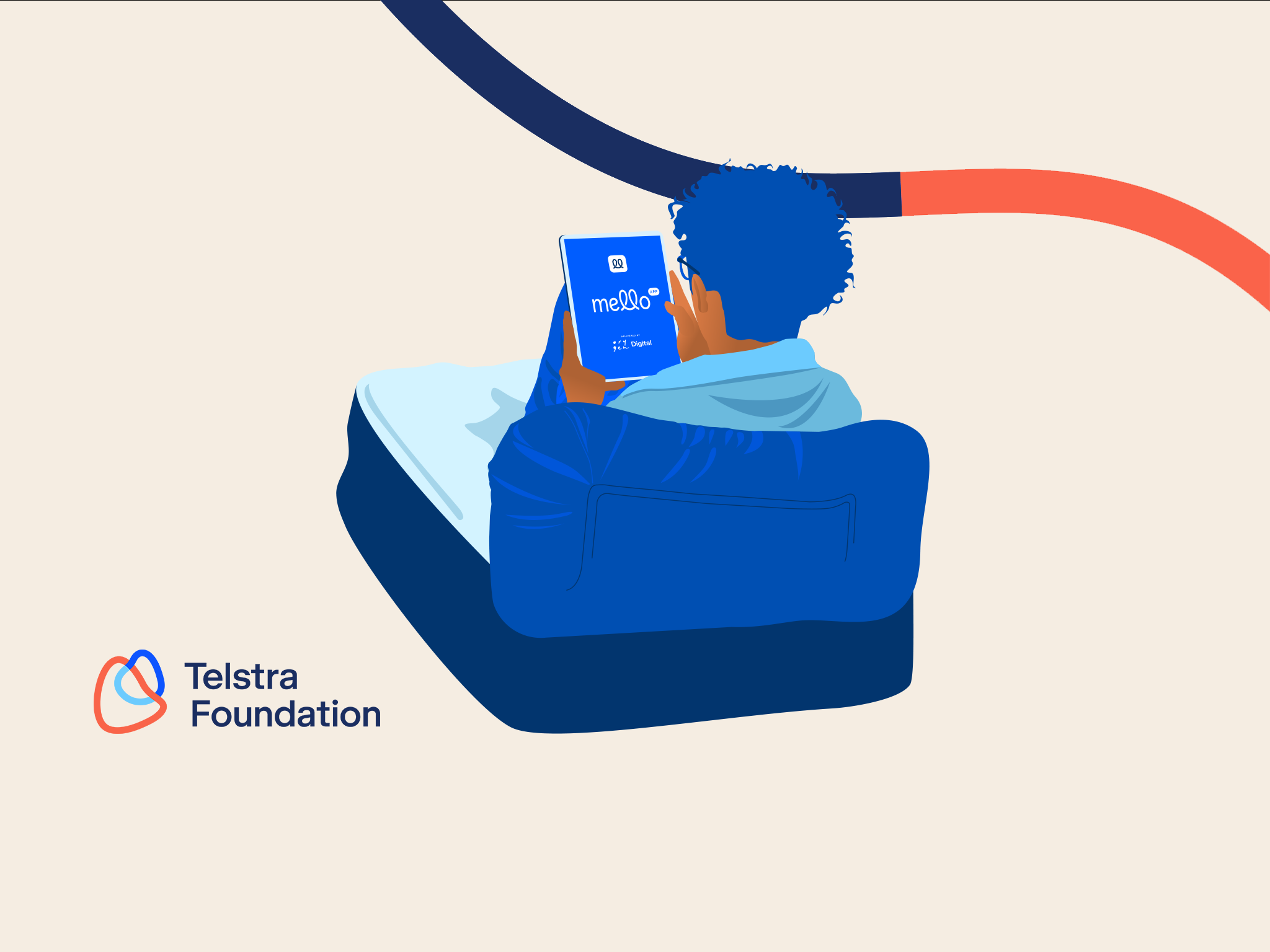 Illustration of a young person using the Mello app on a tablet