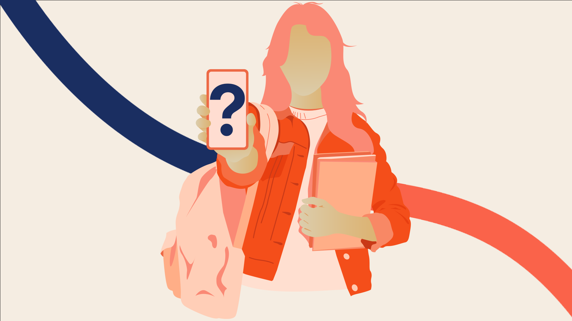 Illustration of a young person holding up a phone with a question mark
